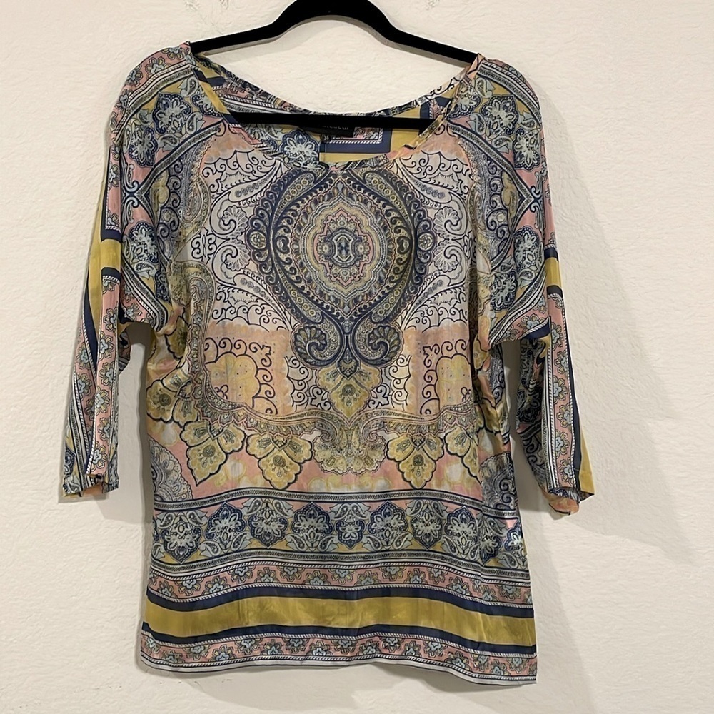 Ana Alcazar Women Tunic Medium Pink & Yellow 100% Silk Floral Contemporary